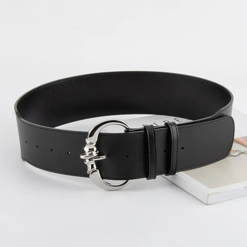 Corsetto da donna in vera pelle nera con fibbia in oro argento Cintura da smoking femminile Cappotto Cintura larga Decration J1452