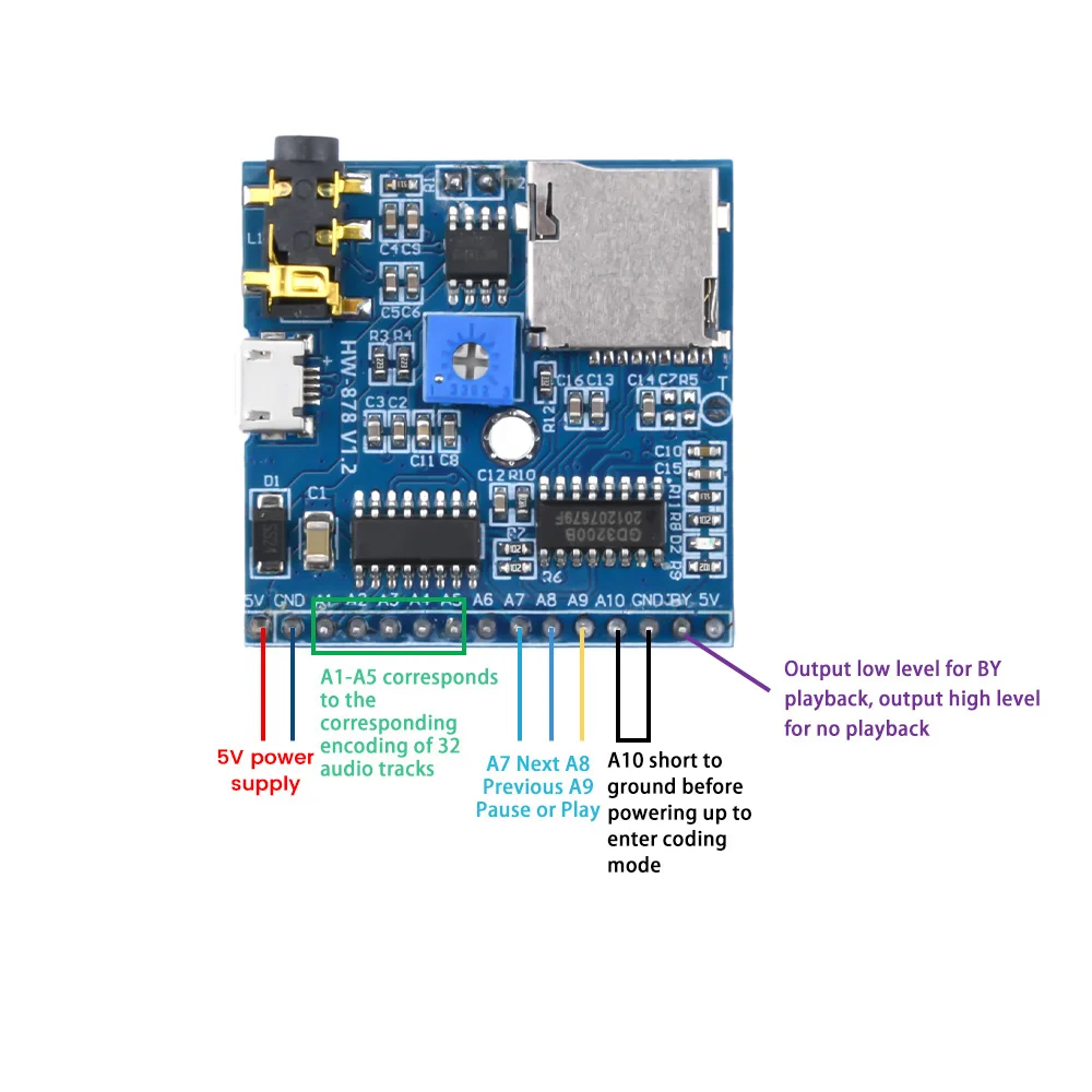 Módulo de reproducción de voz MP3 reproductor de música voz instrucciones Junta de desarrollo IO iriggered reproducción volumen ajustable soldadura Pin