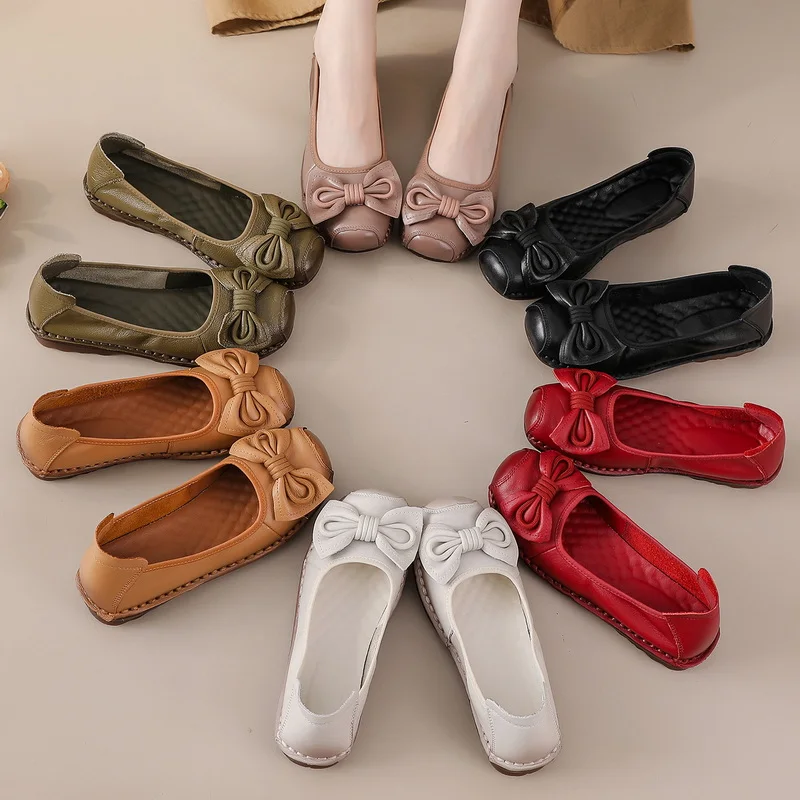 

New Cow Leather Shoes Woman Luxury Bowknot Ballet Flats Women's Shallow Slip On Moccasins Mother Comfortable Autumn Flats Shoes