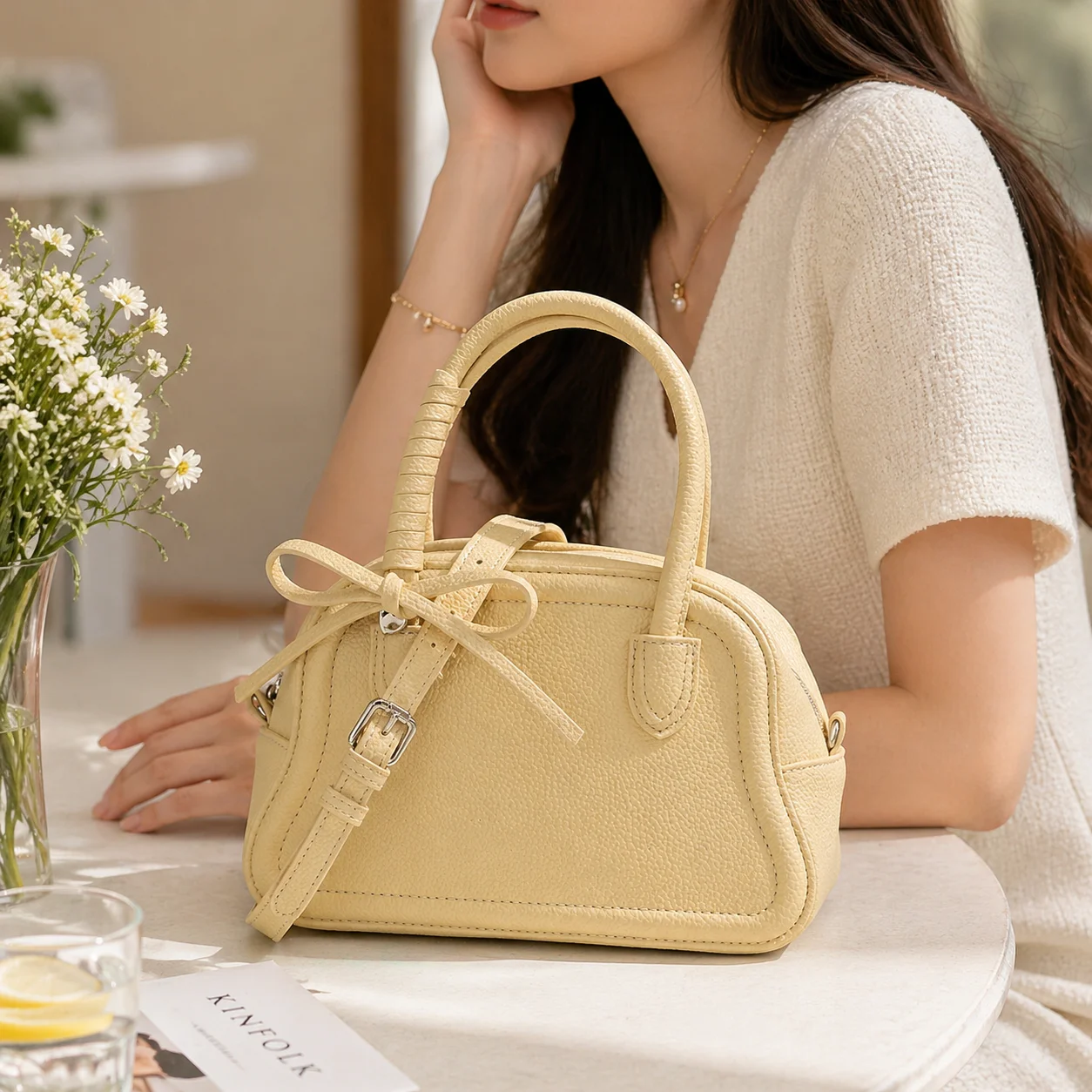 Women Bowknot Boston Bag Fashion Bowling Handbag Shoulder Crossbody Bag Elegant Casual Purse
