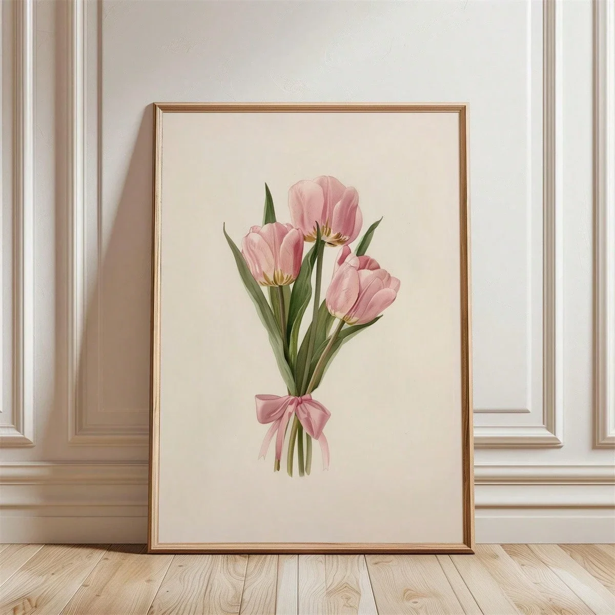 Pink Tulip Floral Wall Art Canvas with Frame, Minimalist Flower Painting for Living Room Bedroom Home Decor Modern Nordic Style