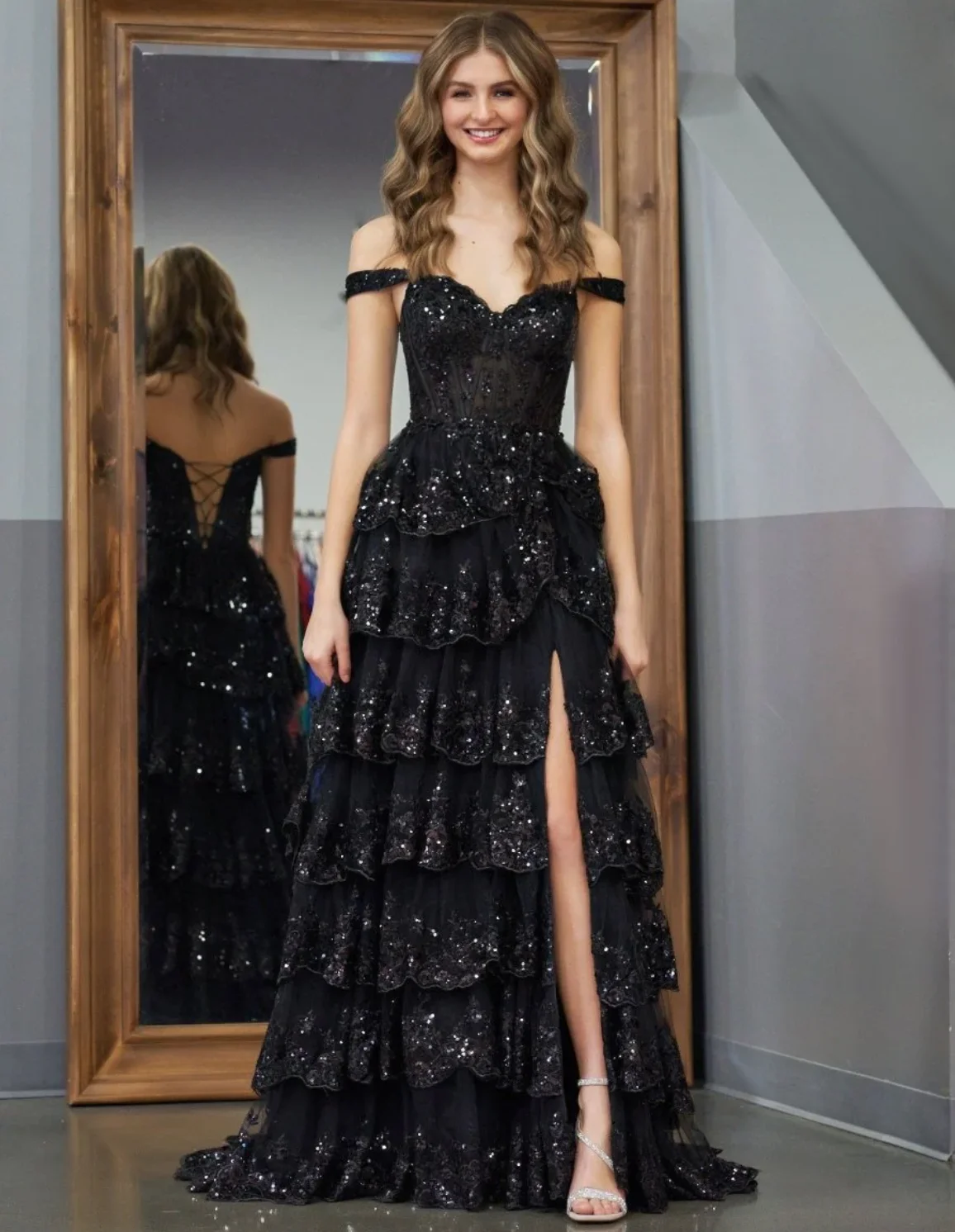 

Customized Black Prom Dresses Lace Tiered Ruffles Slit Ball Gown Off-the-shoulder Sequin Elegant Long Wedding Party Dresses 2026