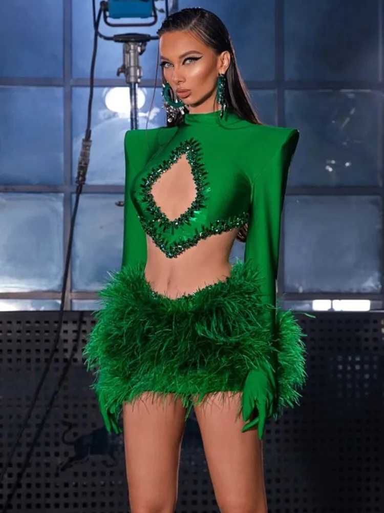 Women Summer Celebrity Sexy O Neck Feather Beading Green Mini Bandage Skirt Set 2024 Knitted Elegant Evening Club Party Clothing