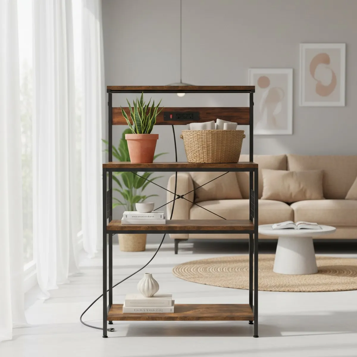 31.5 Inch Kitchen Baker s Rack with Power Outlet 3 Tiers Microwave Cart Organization Shelf - view 2
