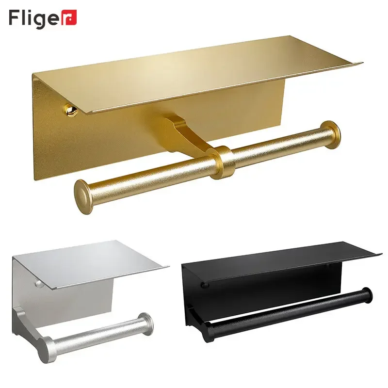 Fliger Toilet Paper Holder Black Gold Paper Towel Roll Rack Bath WC Paper Phone Holder Shelf Bathroom Kitchen Long Tissue Rack