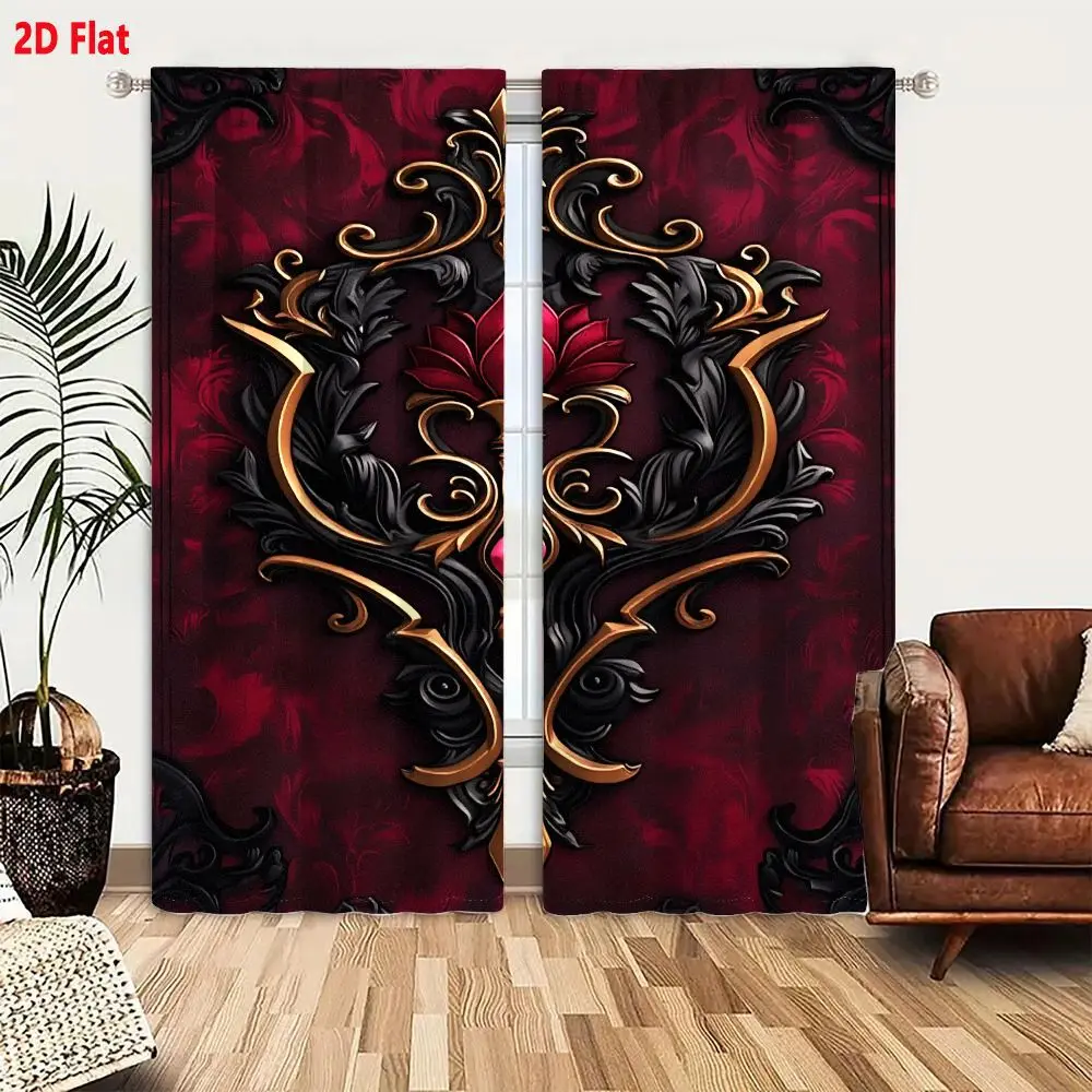 2Pcs Curtains Add 2D Flat Ornate Crimson Emblem With Red Lotus And Golden Chalice Window Drapes for Bedroom Room Decor Decoratio