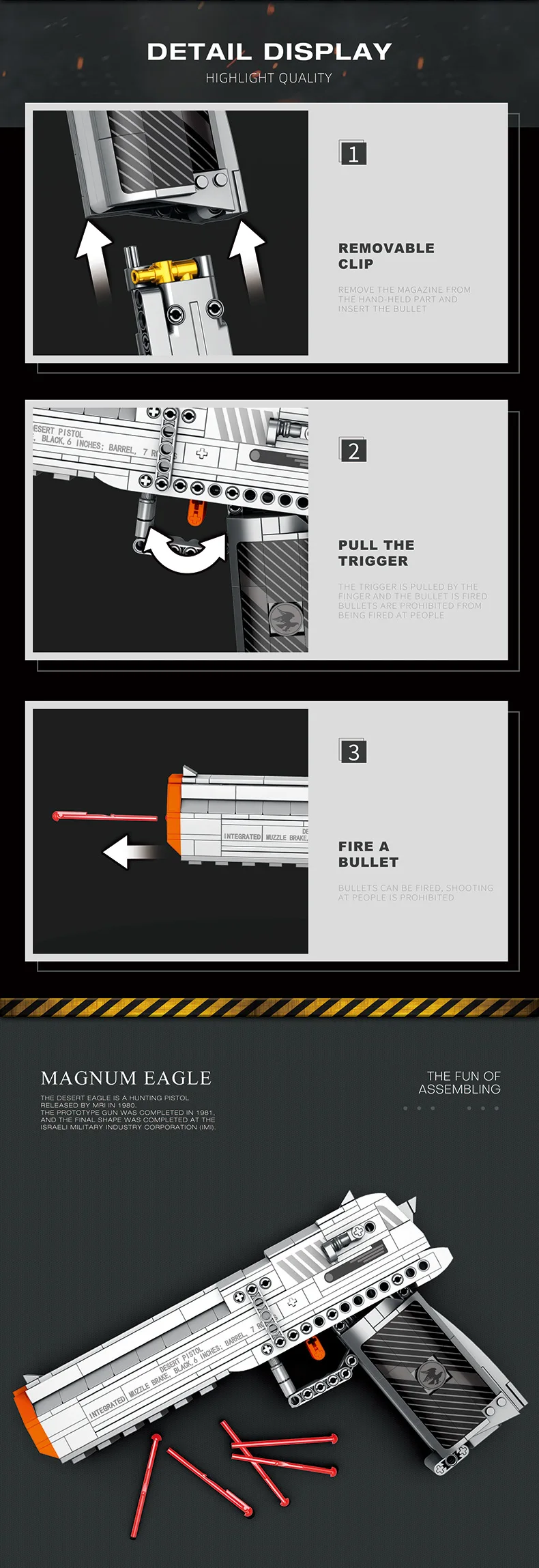 Military Series Building Block 356PCS Desert Eagle Pistol Can Shoot Model DIY Assemble Puzzle Brick Wargame Toys Birthday Gift