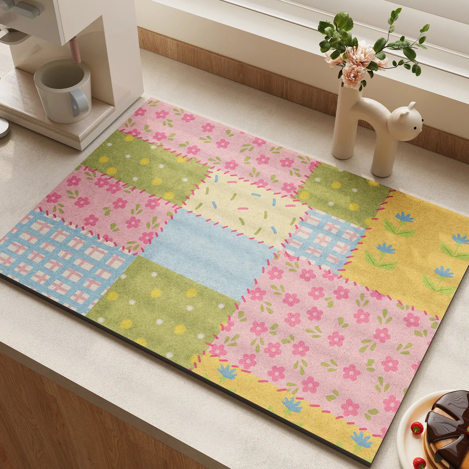 Colorful Patch Floral Print Dish Drain Pad Non Slip Heat Insulation Kitchen Counter Mat for Coffee Maker Plate Cup Drying