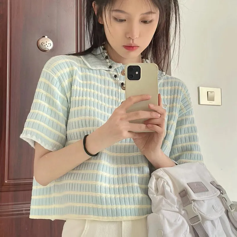 

Новая женская летняя футболка Slimming ort Sve Ne T-shirt в корейском стиле, модный топ больших размеров в полоску