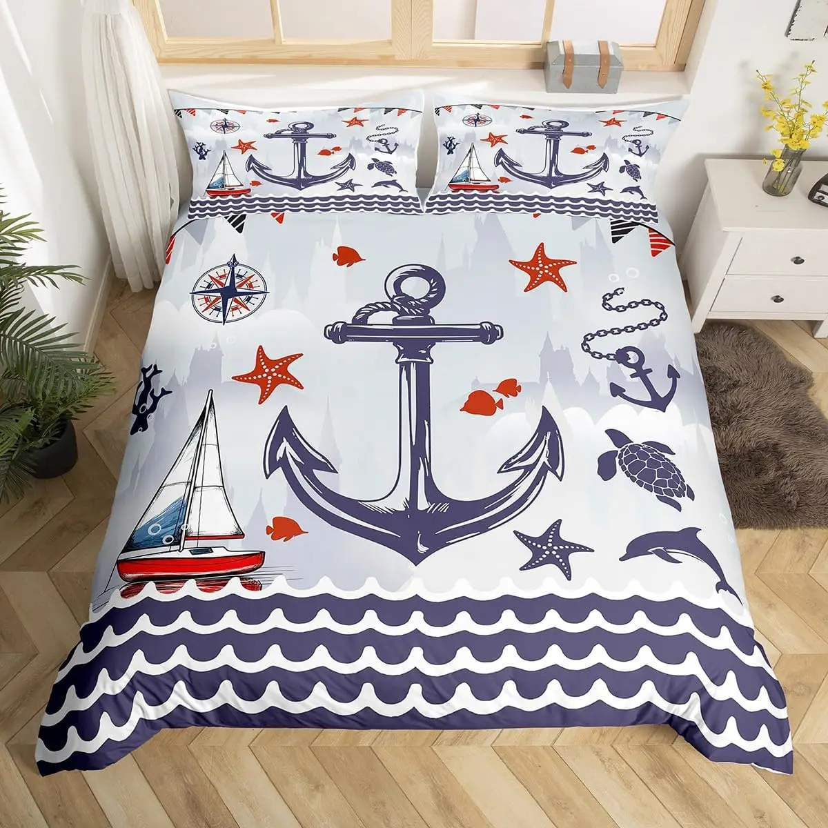 Vintage Anchor Duvet Cover Twin King, Nautical Theme Bedding Set Sailing Boat Sea Turtle Bed Cover, Compass Starfish Quilt Cover