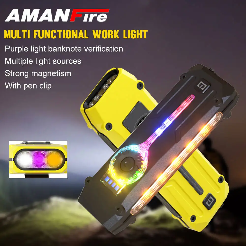 

Рабочий фонарь Amanfire DT011, три источника света, RGB, бесконечное затемнение, перезаряжаемый красный лазерный мини-магнитный рабочий фонарик IPX4