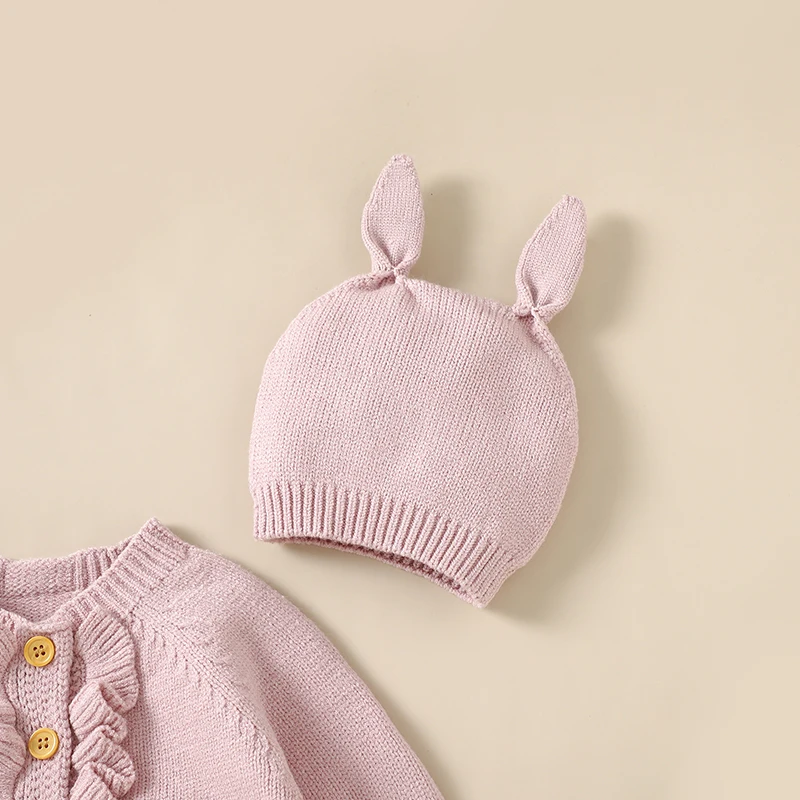 0-18m Baby Rompers Jumpsuits Fashion Solid Color Knitting Newborn Infant Boys Girls Playsuits Hats Clothes Autumn Winter Outfits