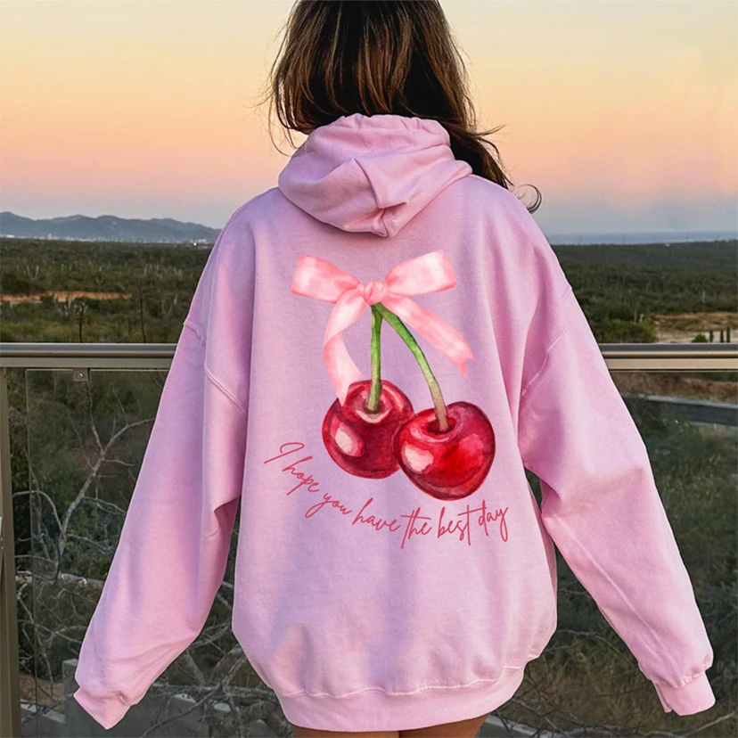 Coquette Cherry Hoodie Have A Good Day Hoodie Words on Back Coquette Bow Hoodie Trendy Ribbon Hoody Cute Pullover Sweatshirts