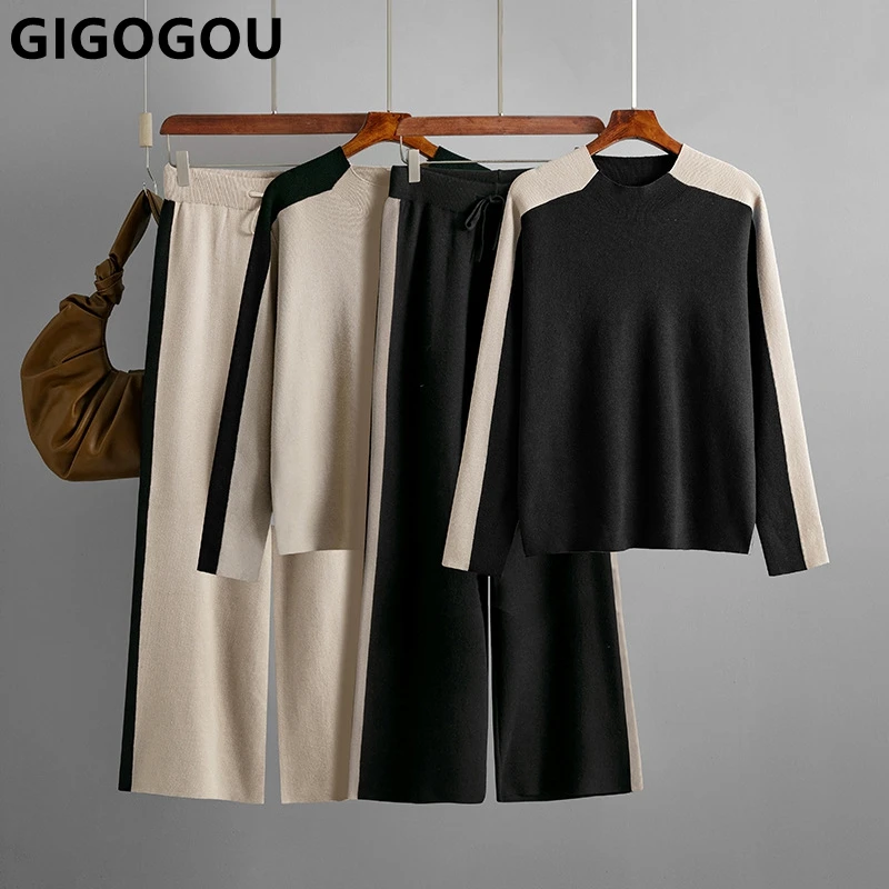 GIGOGOU CHIC pantaloni a gamba larga tute autunno inverno maglia Pullover maglioni set 2 pezzi set pantaloni a figura intera abiti panno