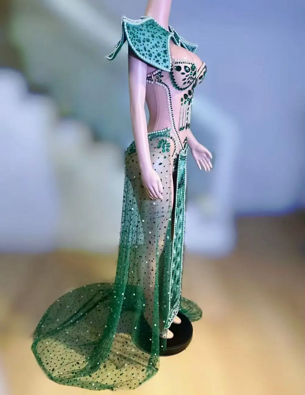 Sexy Mesh See Through Rhinestones Bodysuit Cloak Photography Leotard Women Singer Dancer Performance Dance Costume Stage Wear