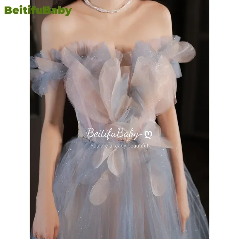 BeitifuBaby Women's Evening Dress One Shoulder Colored Gauze Off The Shoulder Starry Sky Gradient Fairy A-line Party Dresses