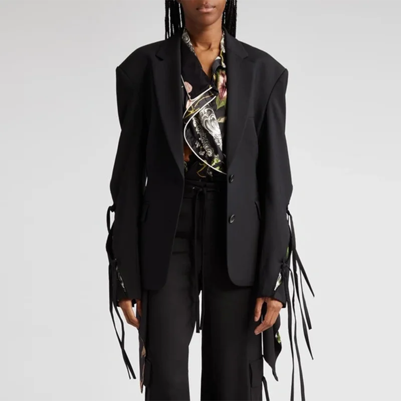 BPN Temperament Patchwork Lace Up Blazers For Women Notched Collar Long Sleeve Hit Color Fashion Blazer Female Fashion Clothing