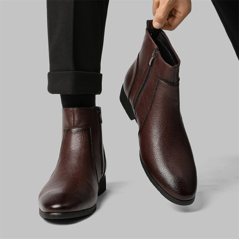 Autumn New Men Minimalist Slim Fitting Soft Leather Boots with European American Pointed Business Office Side Zipper Short Boots