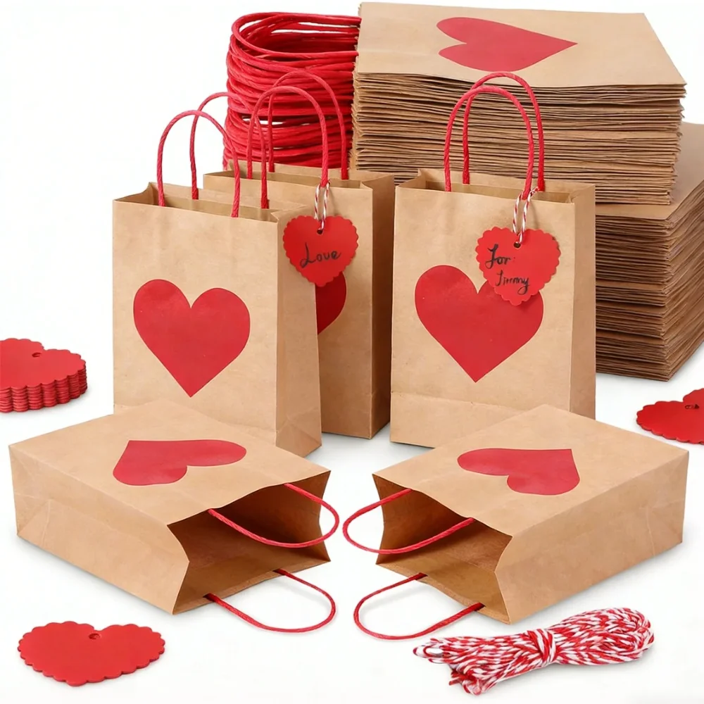 9/18/27 Stück Herzförmige Papier-Geschenktüten mit Etiketten, Rot-Rosa Geschenktaschen mit Griffen für Valentinstag, Hochzeit, Party, Süßigkeiten und Leckereien