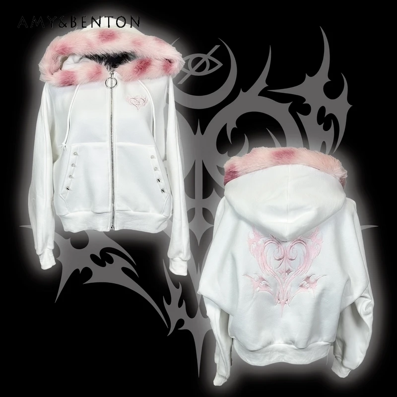 

Japanese Harajuku Style Rivet Heart Gothic Embroidery Fleece-Lined Hooded Jacket Autumn Winter Subculture Punk Oversized Jacket