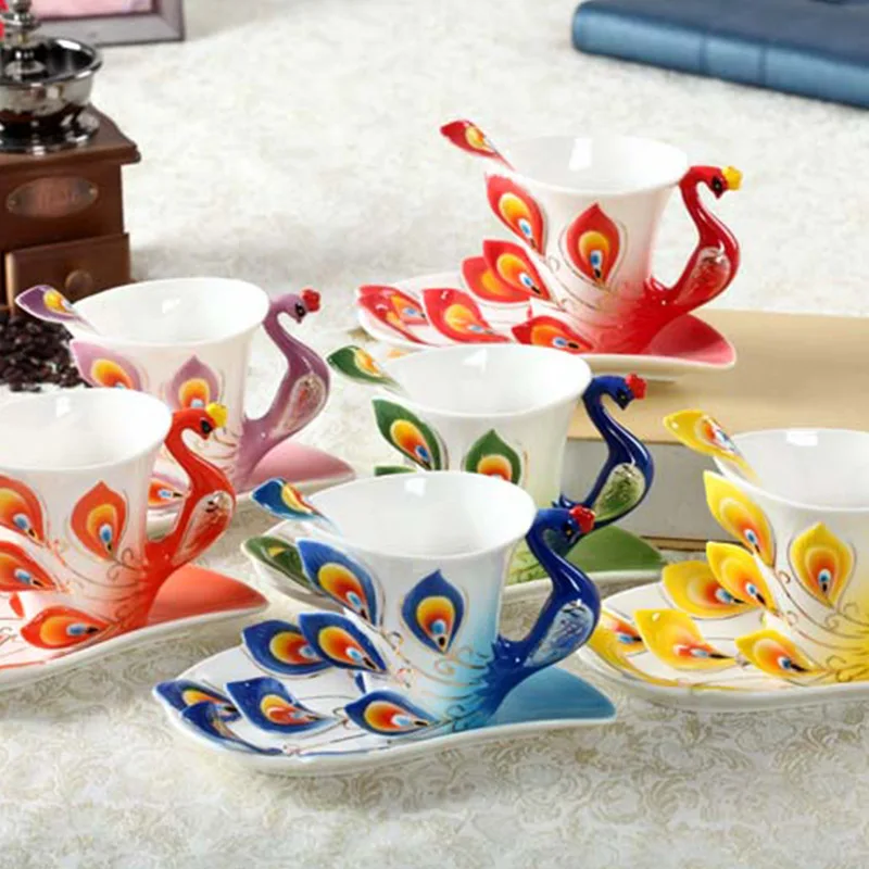 Creative Tea Set Teacup Ceramic Coffee Cup Simulated Peacock Colored Bird Mug Household Porcelain Mugs Coffee Cups Ceramic Mug