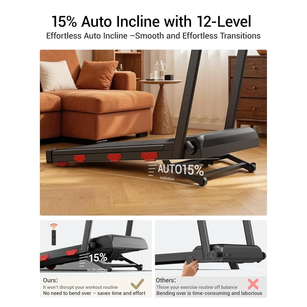 15% Auto Incline Walking Pad Treadmill with 12-Level, Under Desk Treadmill with Handles, Portable Treadmills for Home, Custom