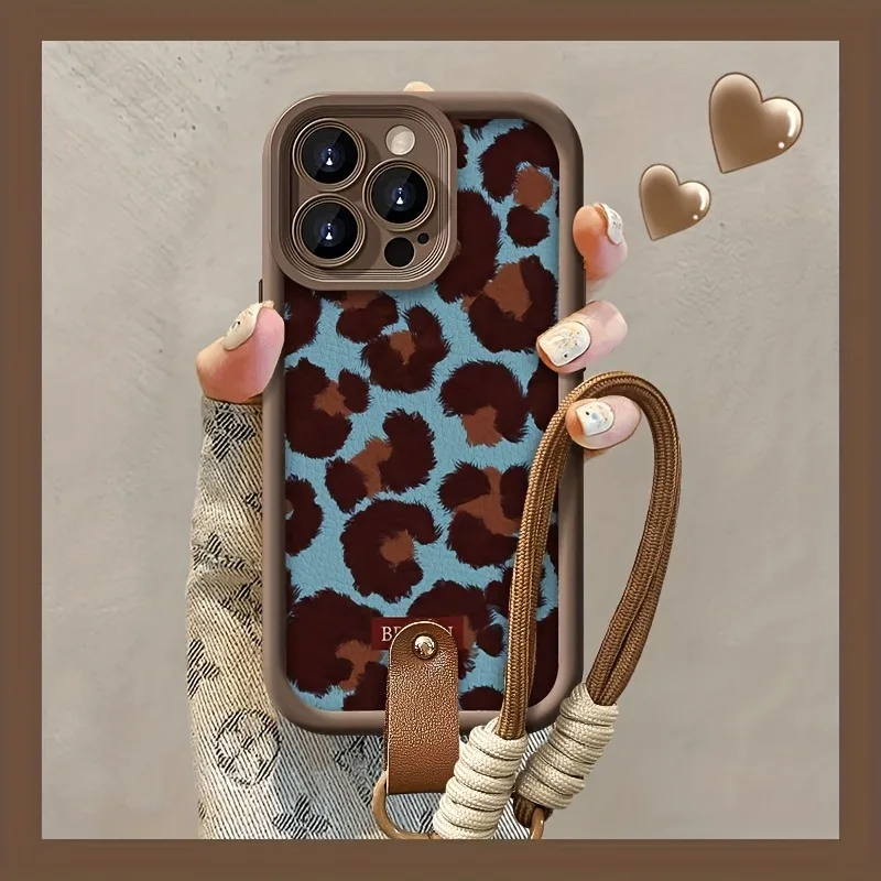 Retro Blaues Leopardenmuster Lanyard-Handyhalter für iPhone 14 15 16 17 ProMax 15 14 13 Pro Plus Stoßfeste Matte Silikonhülle – Detail 1