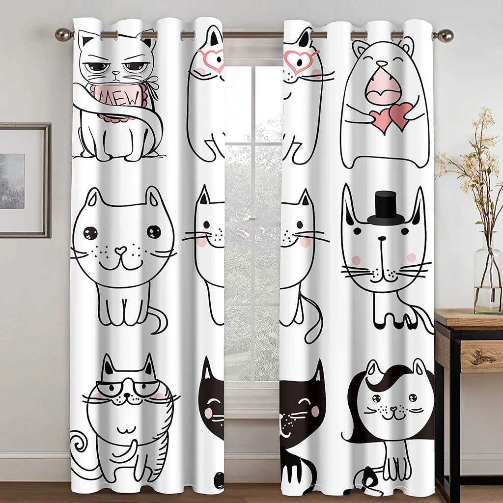 Black and White Cat Pattern Modern Curtains for Living Room Bedroom Home Kitchen Window Curtains