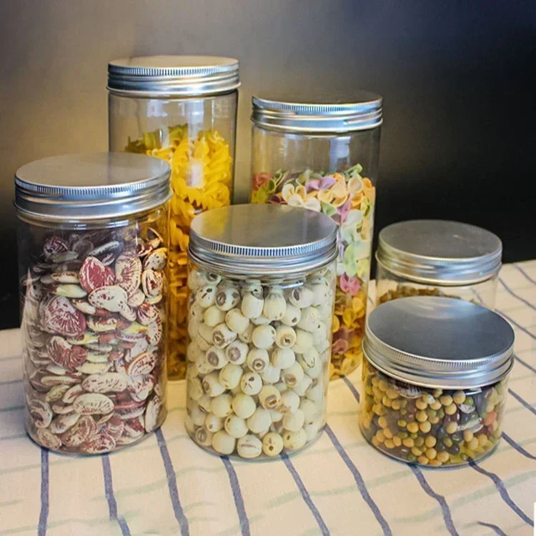 10 stücke Aluminium Silber Deckel Kunststoff Versiegelt Dosen PET Transparent Lebensmittel Blume Tee Zylindrische Flasche Keks Snack Nuss Lagerung Jar