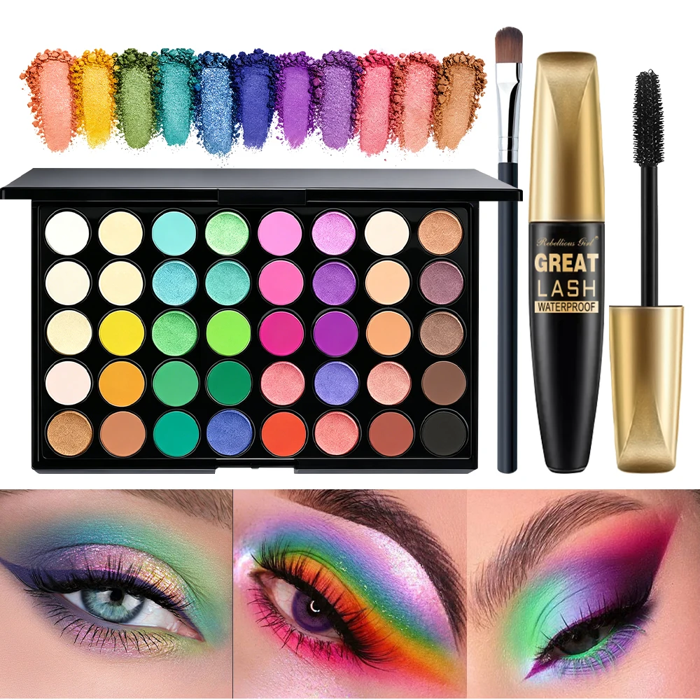 3pcs Makeup Sets for 40 Colors Rainbow Eyeshadow Palette+Black Mascara with 1pc Brush, 3 In 1 Makeup Kit For Daily Party Daily