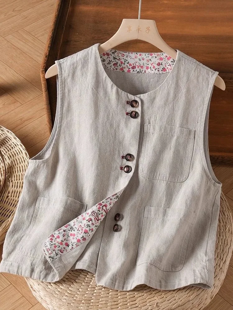 

Хлопковый льняной жилет в стиле ретро с цветочным принтом, женский летний элегантный многослойный круглый жилет Ne, модный топ