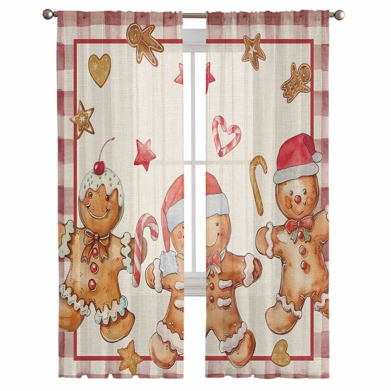 Christmas Gingerbread Man Retro Candy Sheer Curtains For Living Room Window Transparent Voile Tulle Cortinas Drapes Home Decor