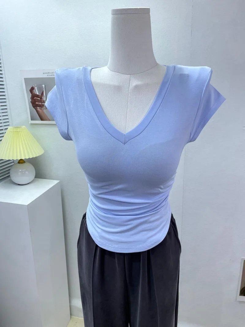 Basecoat Top Summer Simple Versatile V-neck Short Sleeve T-shirt Women Korean Fit T-shirt