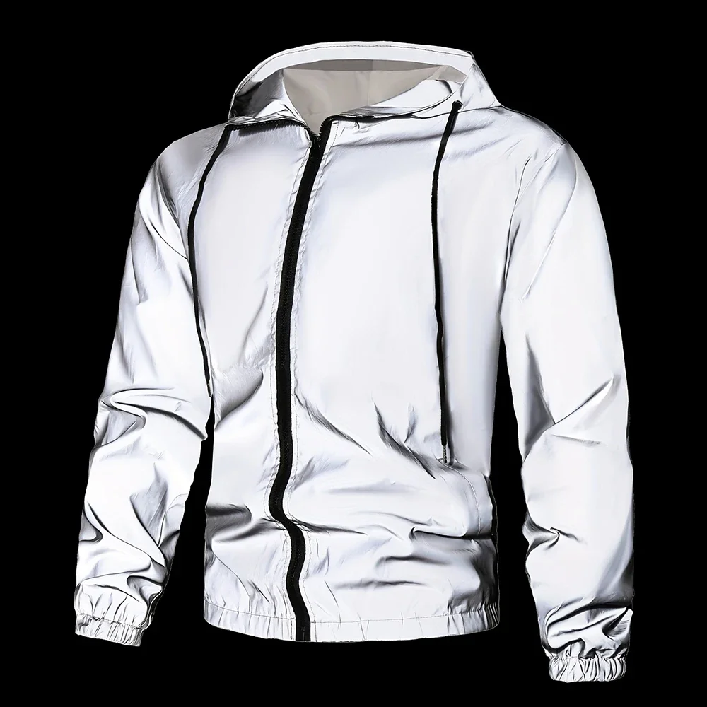 

Night Cycling Reflective Hooded Jacket Men's Fashion Outdoor Windproof Running Sports Loose Casual Coats Hip-hop Streetwear