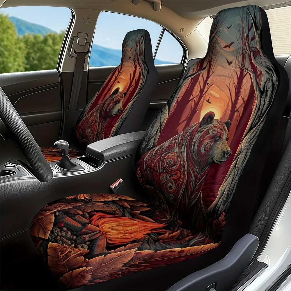 2pcs, Stylish Bear Forest Psychedelic Design Front Seat Covers, Durable And Comfortable, Perfect Fit For Single Front Seats, Gre