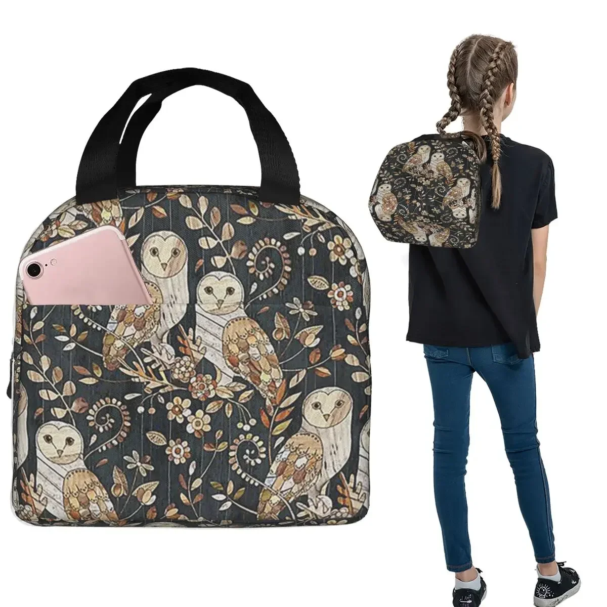 Wooden Wonderland Barn Owl Collag Insulated Lunch Bag for Women Kids Portable Food Boxes Thermal Lunch Box Tote