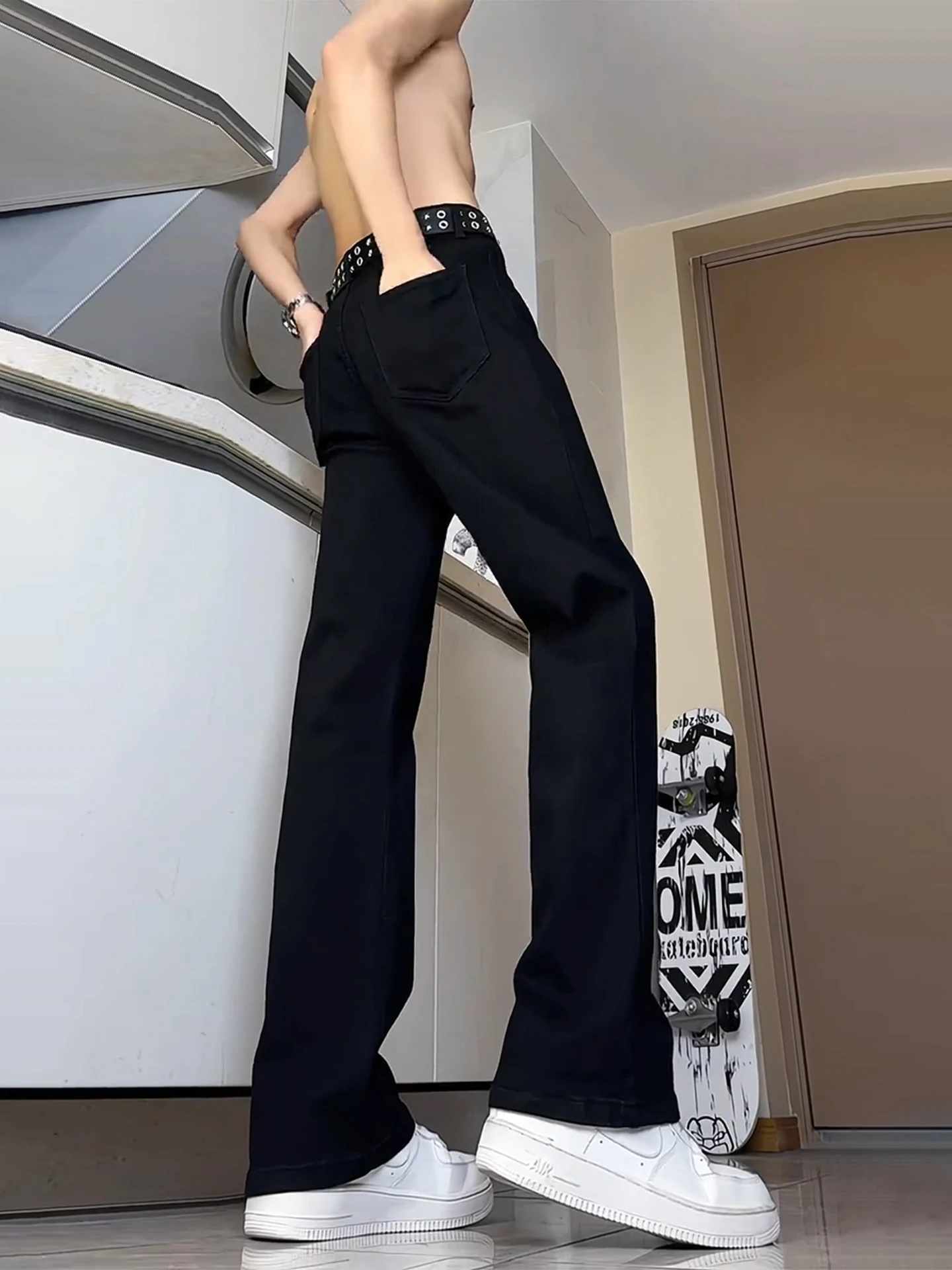 

High Waist Pure Bla Men's Jeans Extended Length Slim Straight American Knife Bootcut Pants Autumn Season Teenager Fit Jeans