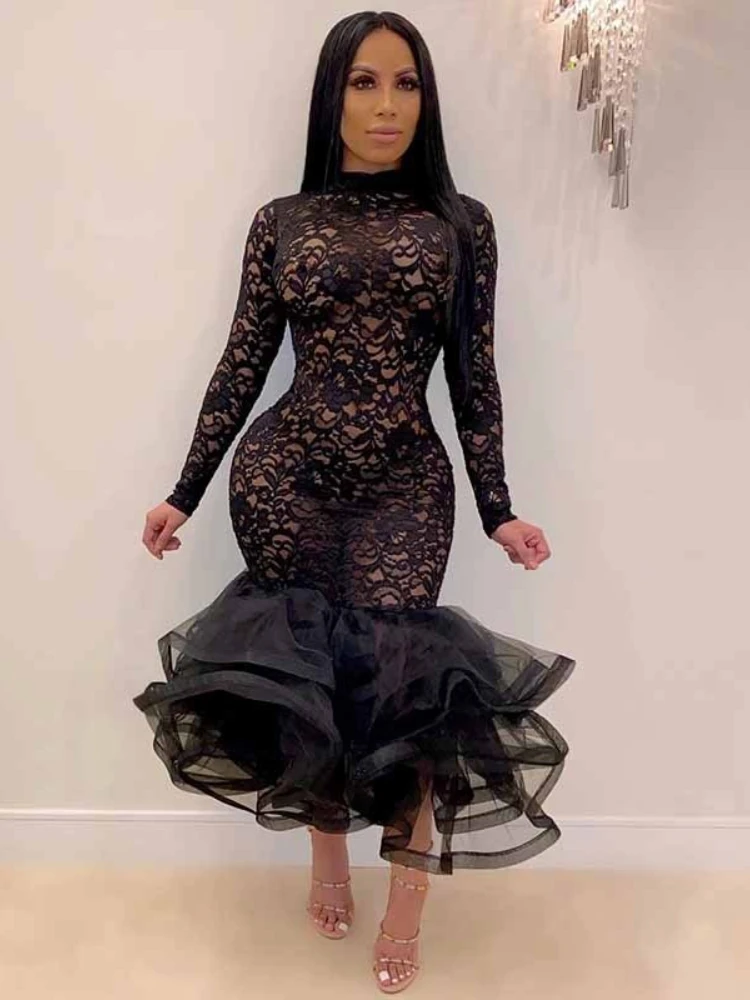 Sexy Night Party Bruiloft Avond Kanten Jurk Vrouwen See-through Hollow Out Cascading Ruffle Zeemeermin Bodycon Midi Jurk vestidos - afbeelding 2