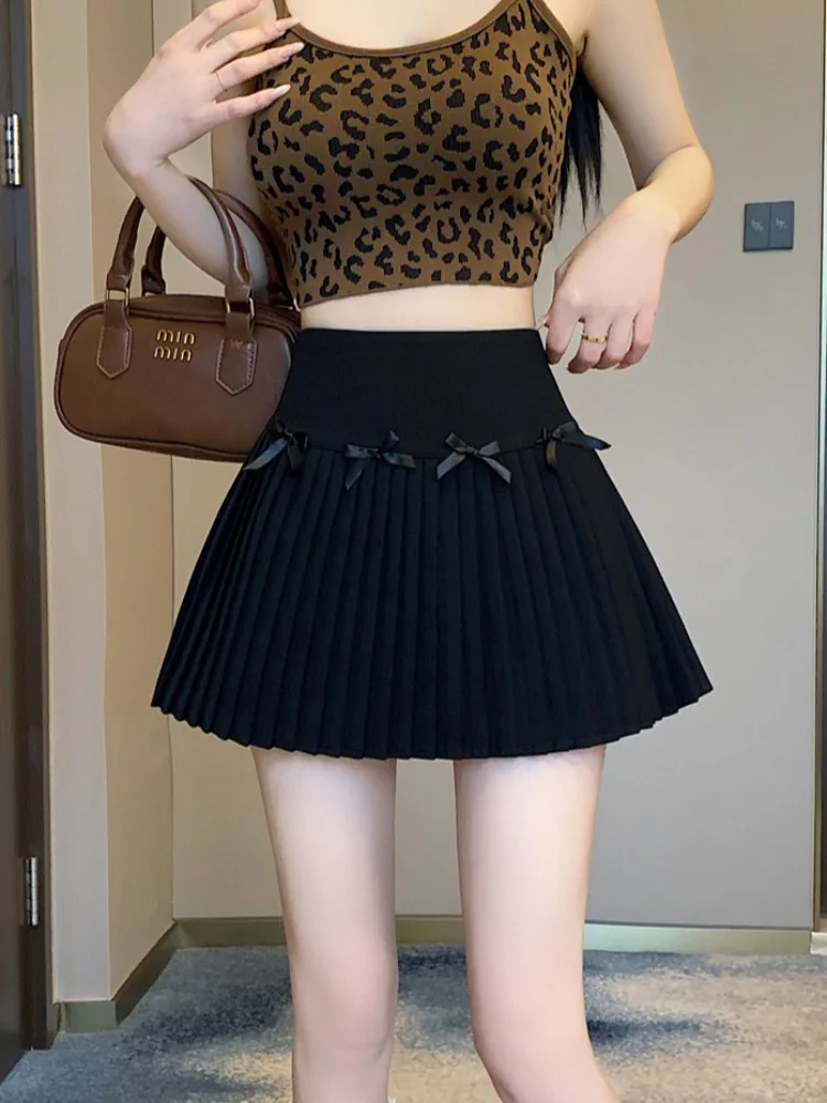 Mini saias femininas vintage arco cintura alta magro estilo preppy saia plissada menina moda streetwear doce culottes