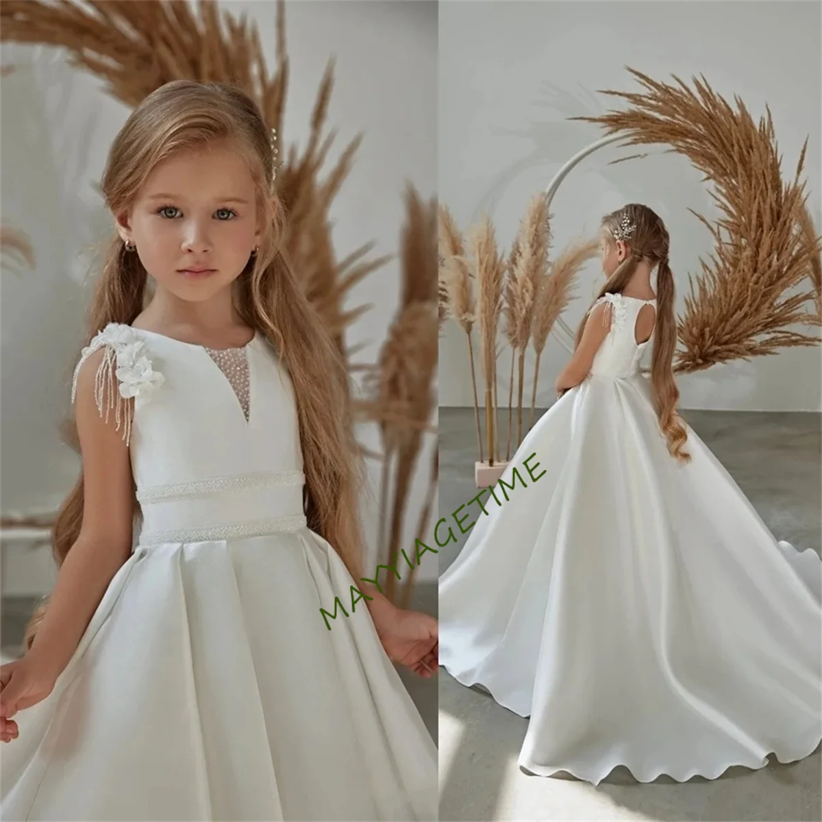 Простые белые платья с цветами для девочек на свадьбу 2023, атласные трапециевидные плиссированные платья с 3D цветами и бисером для дня рождения, конкурса, первого причастия