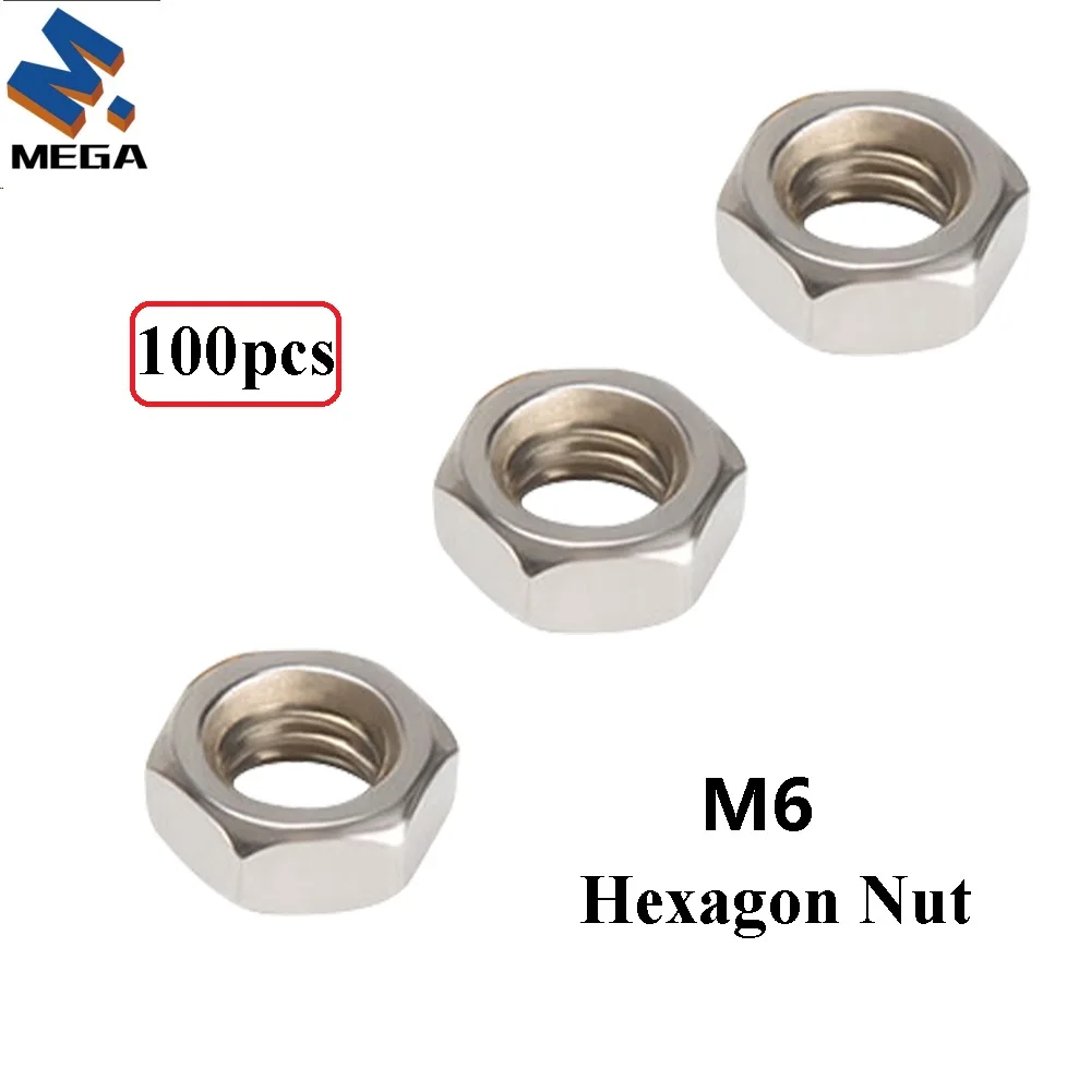 

MEGA 100 шт. M6 304 нержавеющая сталь Шестигранная гайка отверстие 5 мм отверстие винтовая гайка детали для 3D-принтера