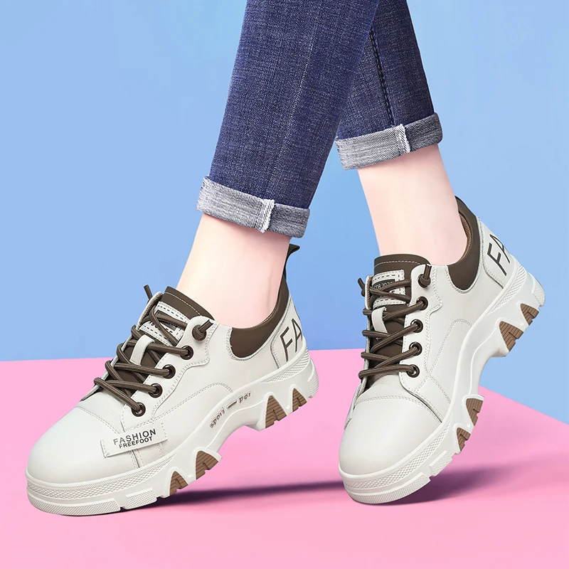 

Genuine Leather Sneaker Trekking Footwear Travel Women's Shoes Thick-soled Platform Shoe Sports Leisure Skateboard Women Walking