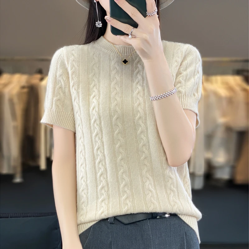 

Women Half-sleeve O-neck Pullover Wool Sweater For Spring Autumn Soft T-shirt 100% Merino Wool Knitwear Korean Style Top