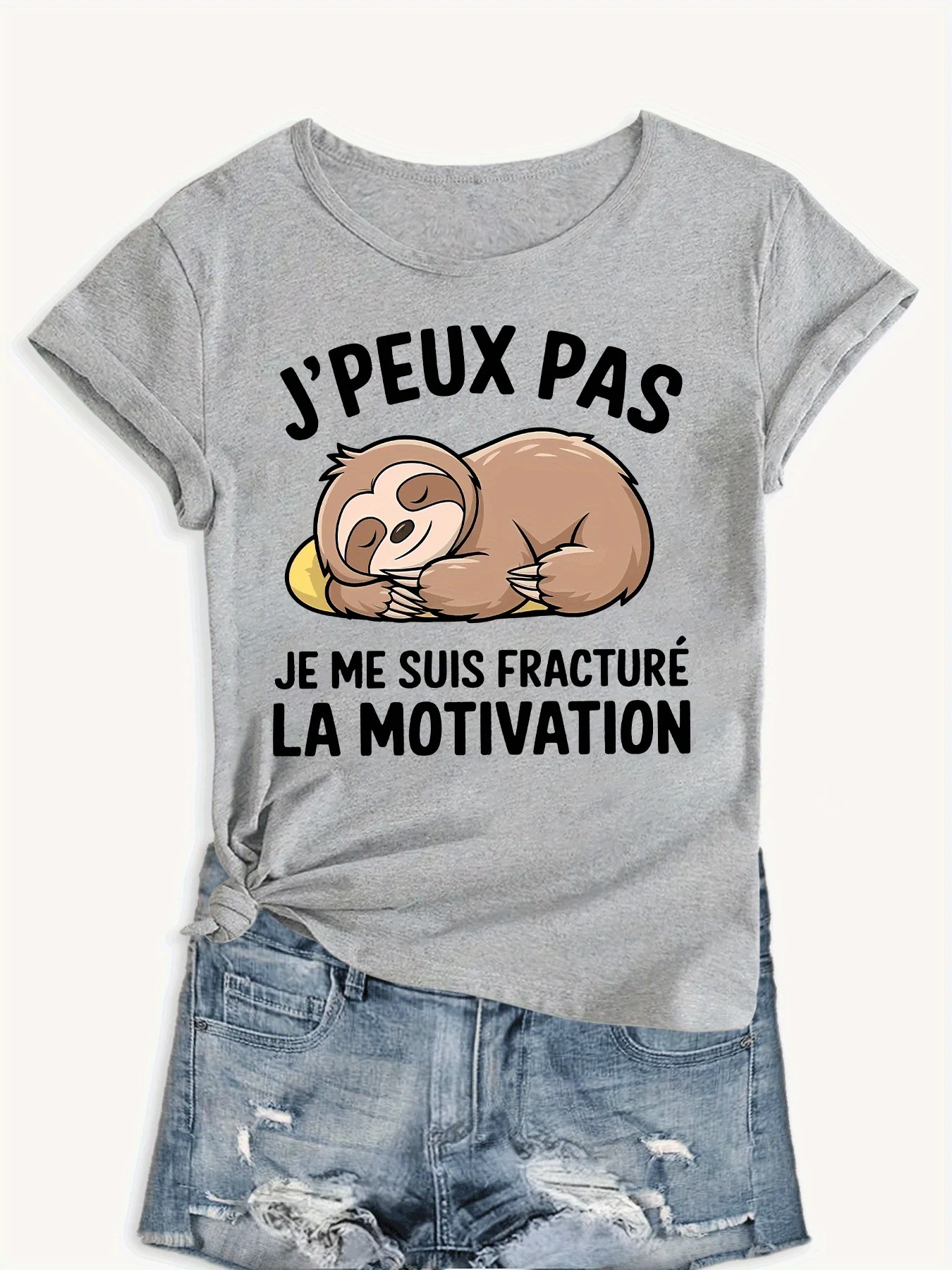 T-shirt paresseux T-shirt graphique paresseux de motivation française |   Slogan humoristique "Motivation à travers la fracture" Harajuku manches décontractées