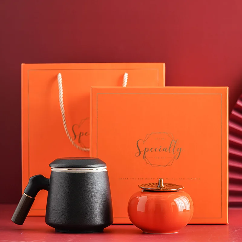 Everything Goes Well Orange Ceramic Tea Cup Gift Set, Stylish Mug with Lid & Infuser, Water Cup with Strainer for Home Office