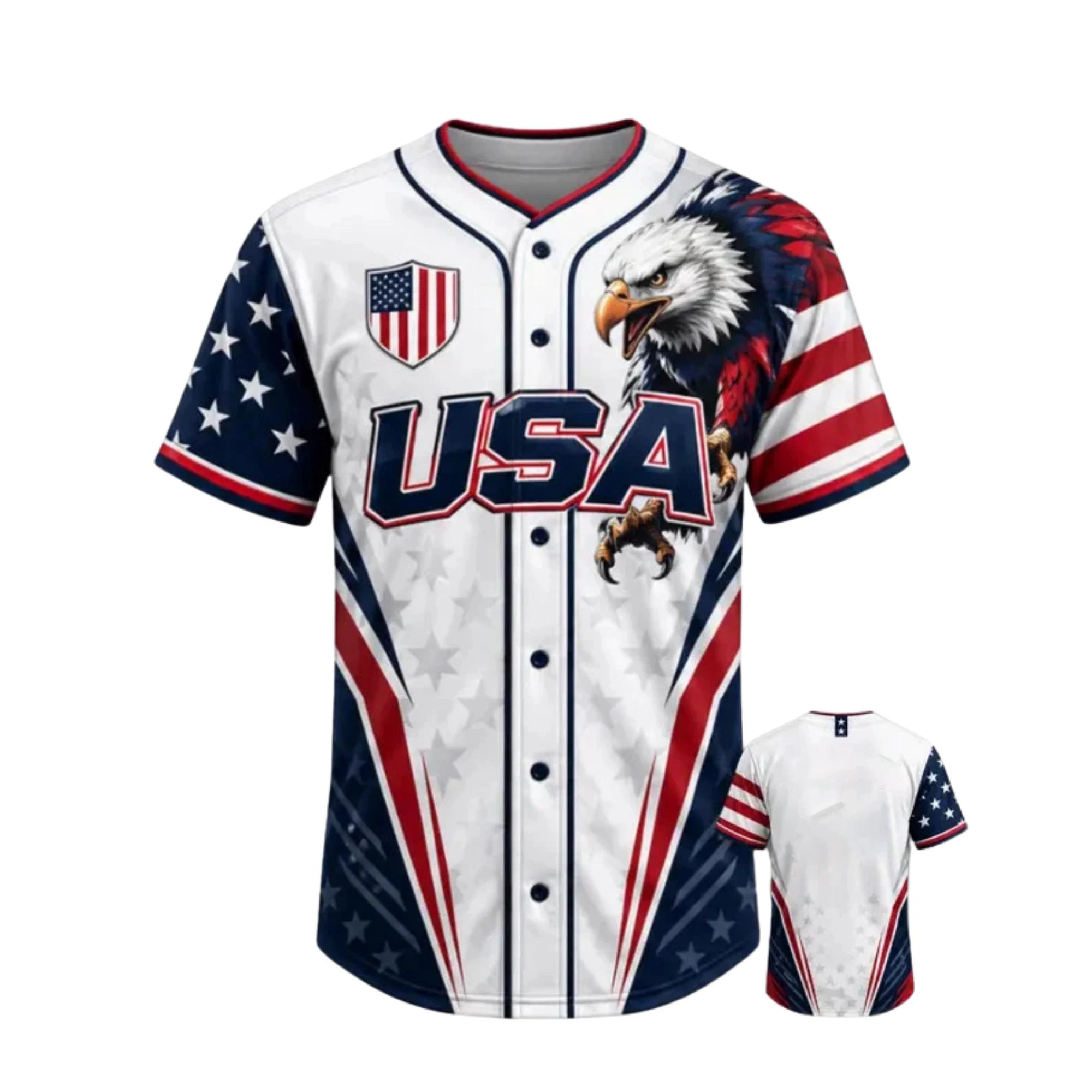 Men USA Bald Eagle Baseball Jersey American Flag Patriotic Short Sleeve Button Down Casual Sport Baseball Uniform Top
