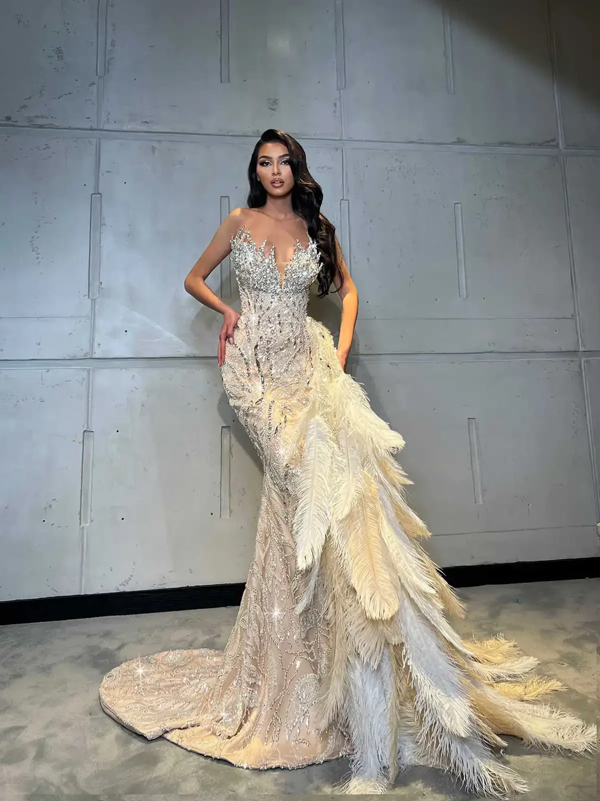 Feathers Evening Dresses Mermaid Luxury Lace Beads Sequin Crystal Detachable Train Luxury Prom Dress Vestido De Noite Customized