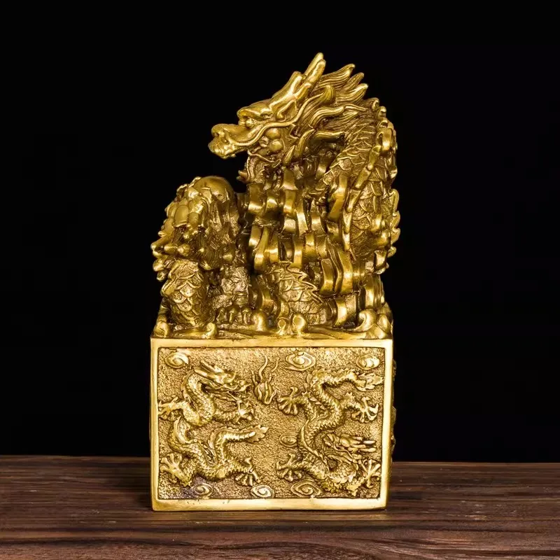 Chinese Dragon Seal Stamp， Nine Dragon Bronze Statue， Solid Copper Imperial Seal Figurine， Feng Shui Ornament for Home Office