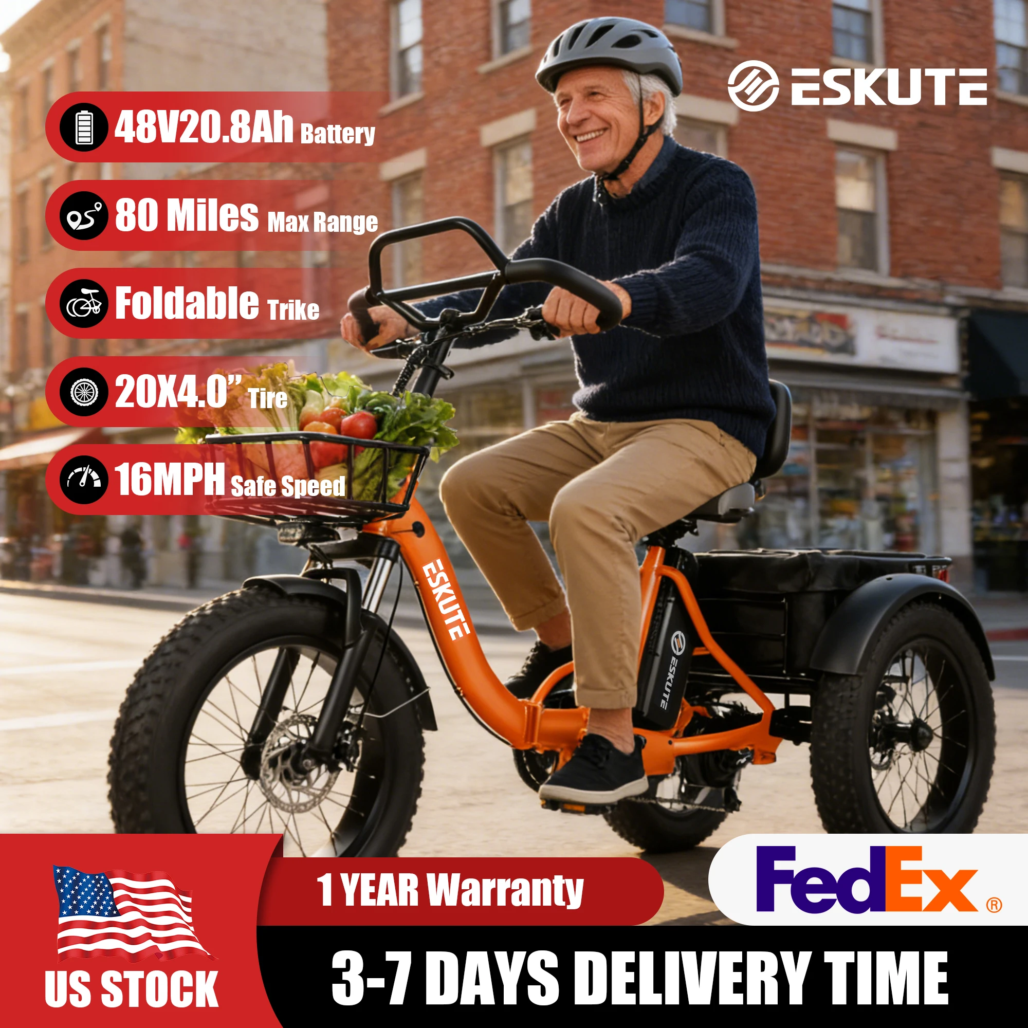 

Электрический трицикл ESKUTE T300 Pro для взрослых, аккумулятор 998,4 Вт·ч, пиковая мощность двигателя 1200 Вт, широкие шины 20"x4.0", складной 3-колесный электровелосипед