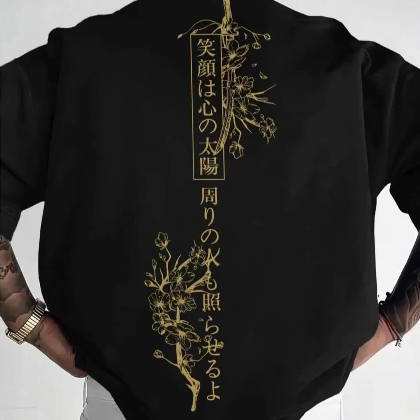 Vertical Cherry Blossom Sword Back Print T Shirt Aesthetic Positive Japanese Quote Streetwear Short Sleeve Top